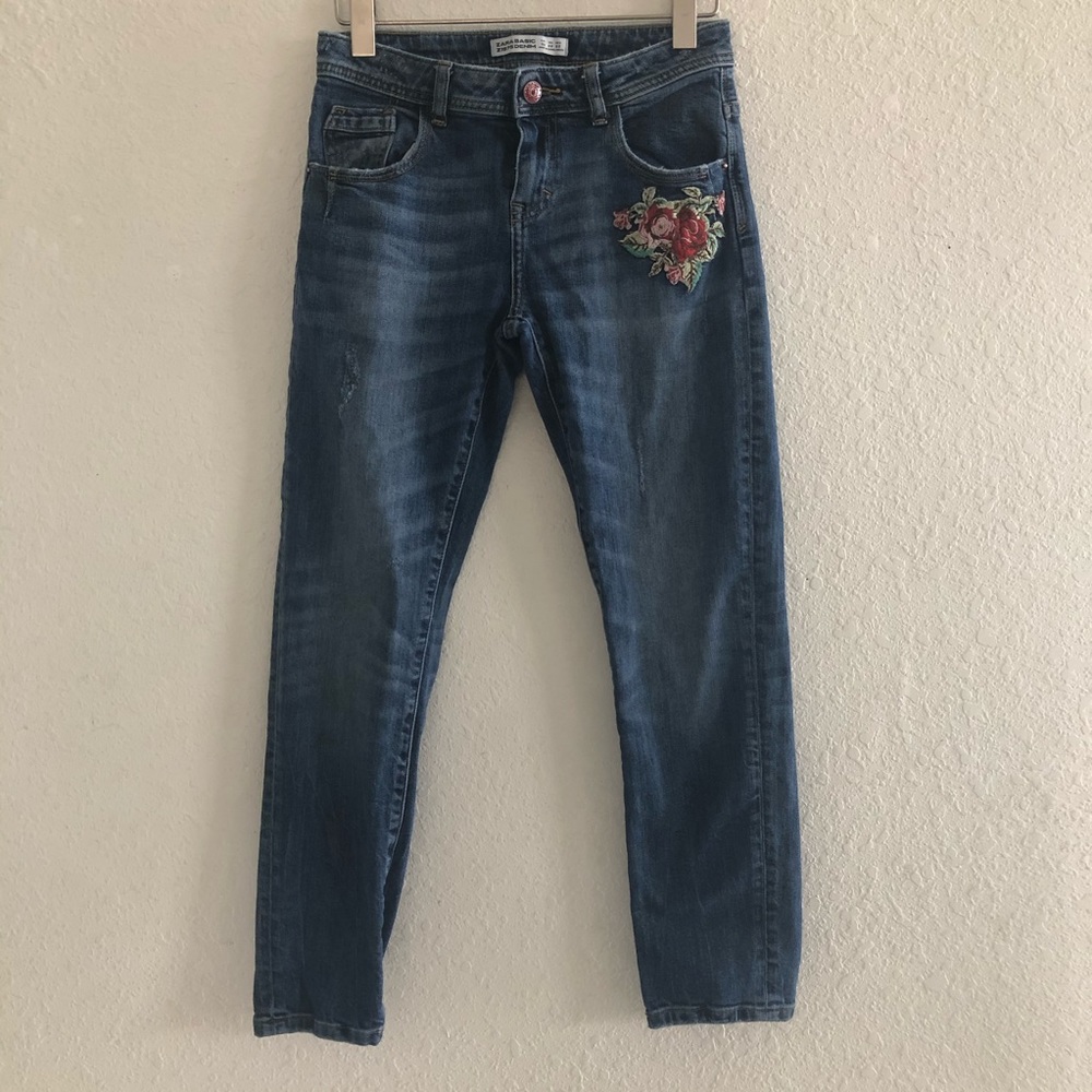 Zara Rose Floral Embroidered Mid Rise Jeans
